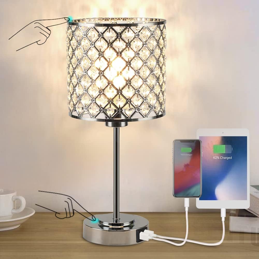 Crystal Table Bedside Lamp Touch Control, Dimmable Small Nightstand Lamp Set of 2 with USB-C+A Charging Ports, Decorative Silver Tabletop…