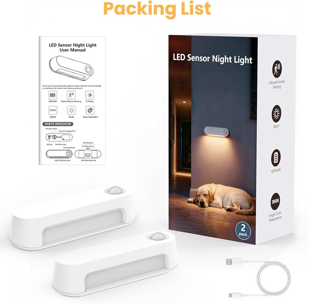 Motion Sensor Night Light, 1800mAh Rechargeable Battery Operated Step Lights, 3000K Warm White Wireless Under Cabinet Lighting for…