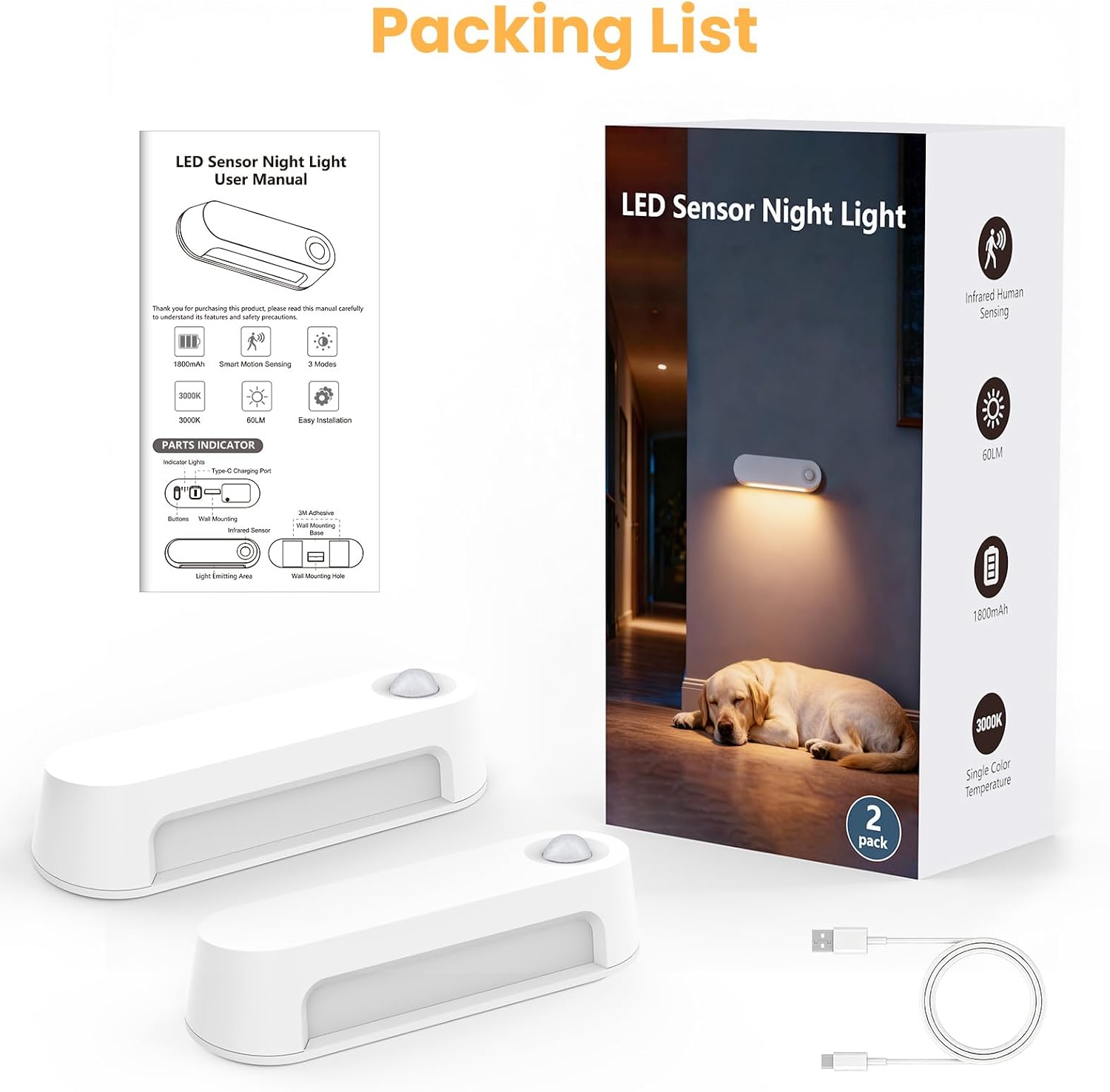 Motion Sensor Night Light, 1800mAh Rechargeable Battery Operated Step Lights, 3000K Warm White Wireless Under Cabinet Lighting for…