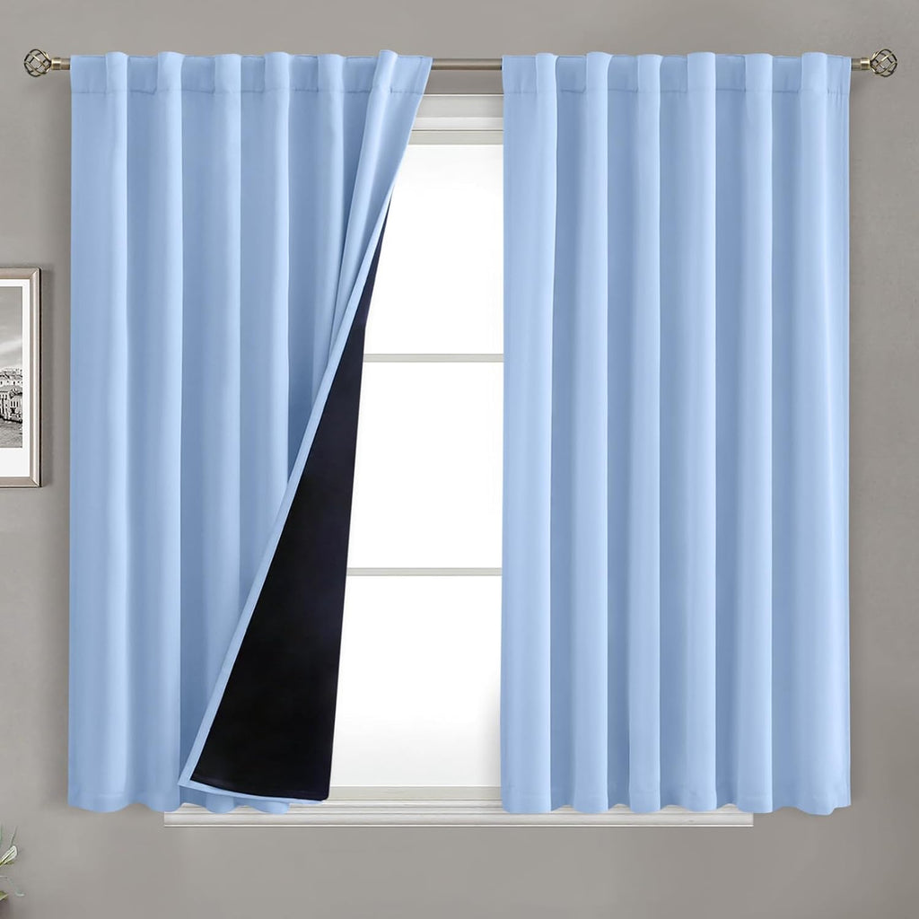 BGment Light Blue 100% Blackout Curtains 45 Inches Long with Thermal Liner, Room Darkening Double Layer Rod Pocket and Back Tab Window…