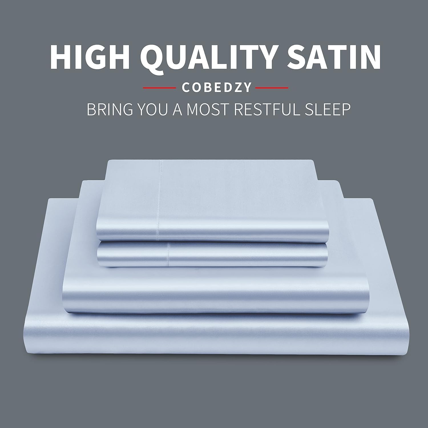 Cobedzy 3 Pcs Light Blue Satin Sheets Twin XL Size Silky Satin Bedding Sheets Set with 1 Deep Pocket Fitted Sheet, 1 Flat Sheet, 1 Pillowca…