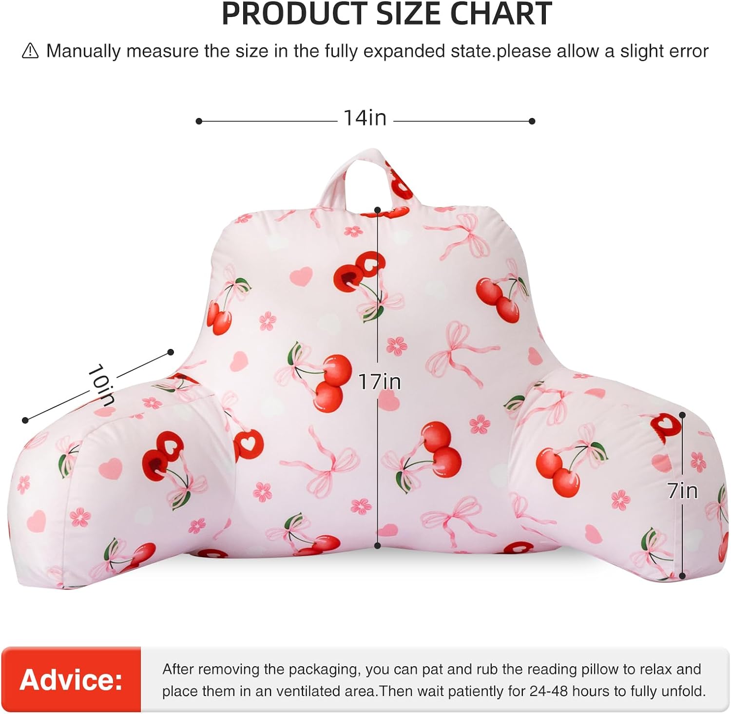 Aimuan Reading Pillow Bed Rest Wedge Backrest Pillow Cherries Bowknot Printed Collections with Arms Sitting in Bed Pink-red
