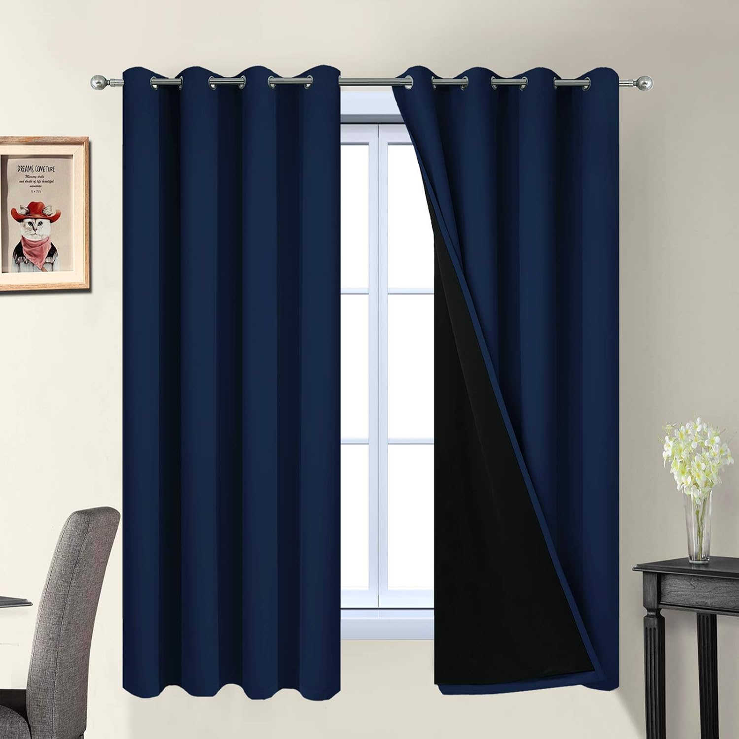 Yakamok Total Blackout Curtains, 2 Thick Layers Completely Blackout Thermal Insulated Drapes with Black Liner for Bedroom(52Wx63L, Navy Blu…