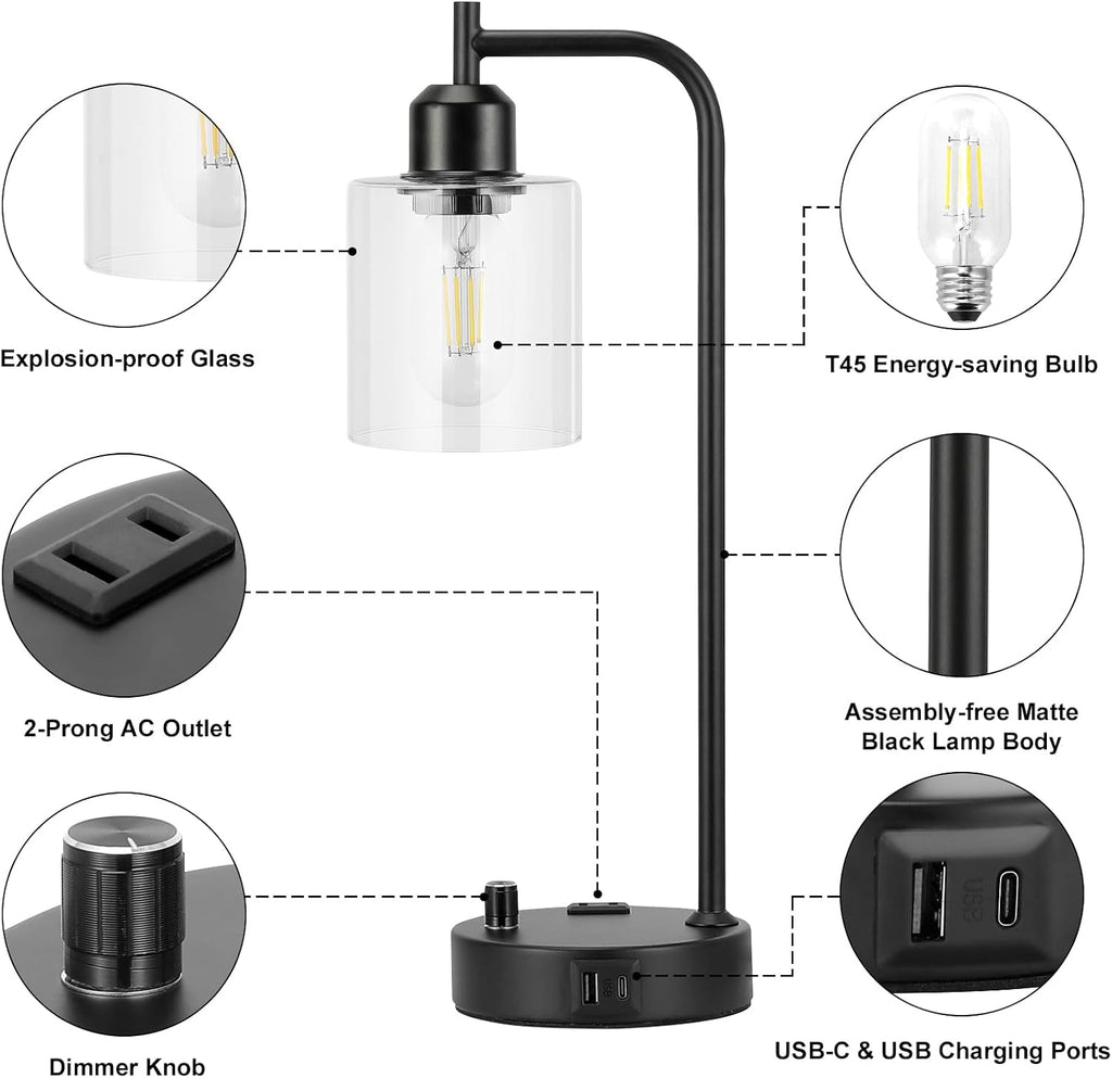 Industrial Nightstand Lamps for Bedrooms Set of 2 - Fully Dimmable Bedside Lamps with USB A C Ports and Outlet, Black Table Lamps with…