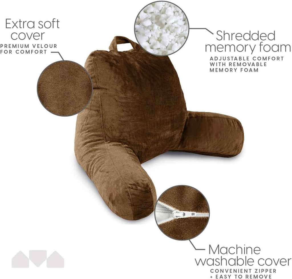 Milliard Reading Pillow with Arms, Brown, Shredded Memory Foam Back Pillow for Bed Sitting Up - Sit Up Backrest Support for Reading &…