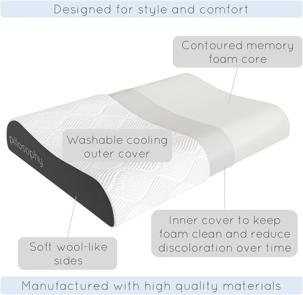pillosophythetheoryofsleep pillosophy SleepTheory Pillow • Contour Shape • Cervical Neck Support • Memory Foam Core • Washable Outer Cover…