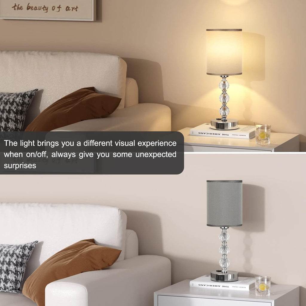 Grey Touch Bedside Lamps for Bedrooms - Crystal Table Lamp with USB C+A Charging Port and AC Outlet Nightstand, 3 Way Dimmable Silver…