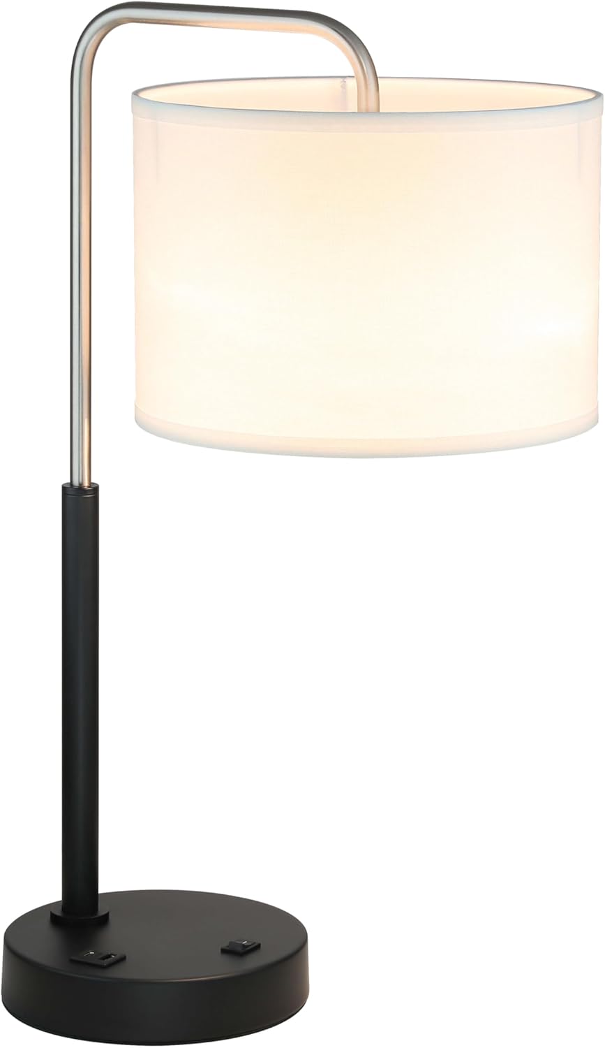 XiNBEi Lighting Bedside Table Lamp, Mid Century Modern Bedroom Desk Lamp Nightstand Table Lamp with USB Port & Drum Shade Brushed Nickel…