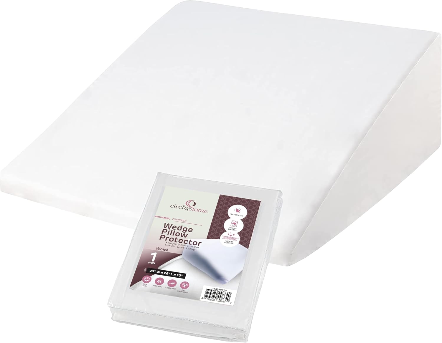 CirclesHome Wedge Pillow Cover 100% Cotton, Zippered Wedge Pillow Case Protector, Soft, Hypoallergenic & Breathable - 25x26x10” 10 inches C…
