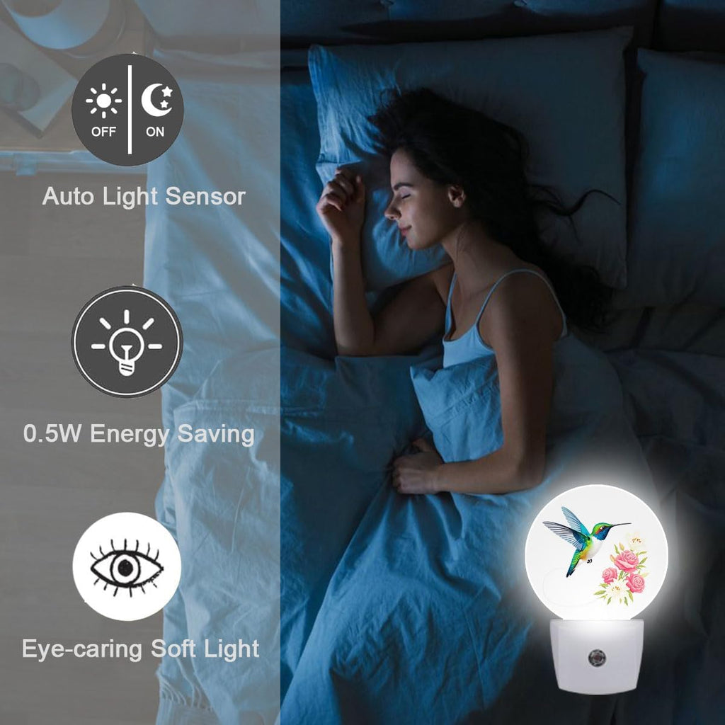 Hummingbird Flower Bird Night Light Plug Into Wall Auto Led Sleep Round Lamp for Living Room Hallway Stairs