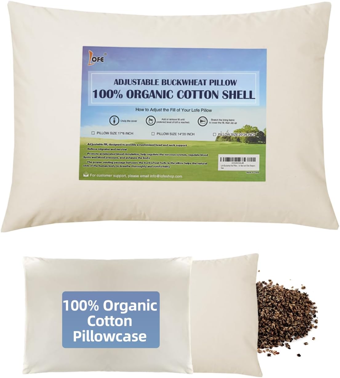 LOFE® Organic Buckwheat Pillow for Sleeping with Organic Cotton Pillowcase - 14x20'' Adjustable Pillow, Breathable for Cool Sleep…