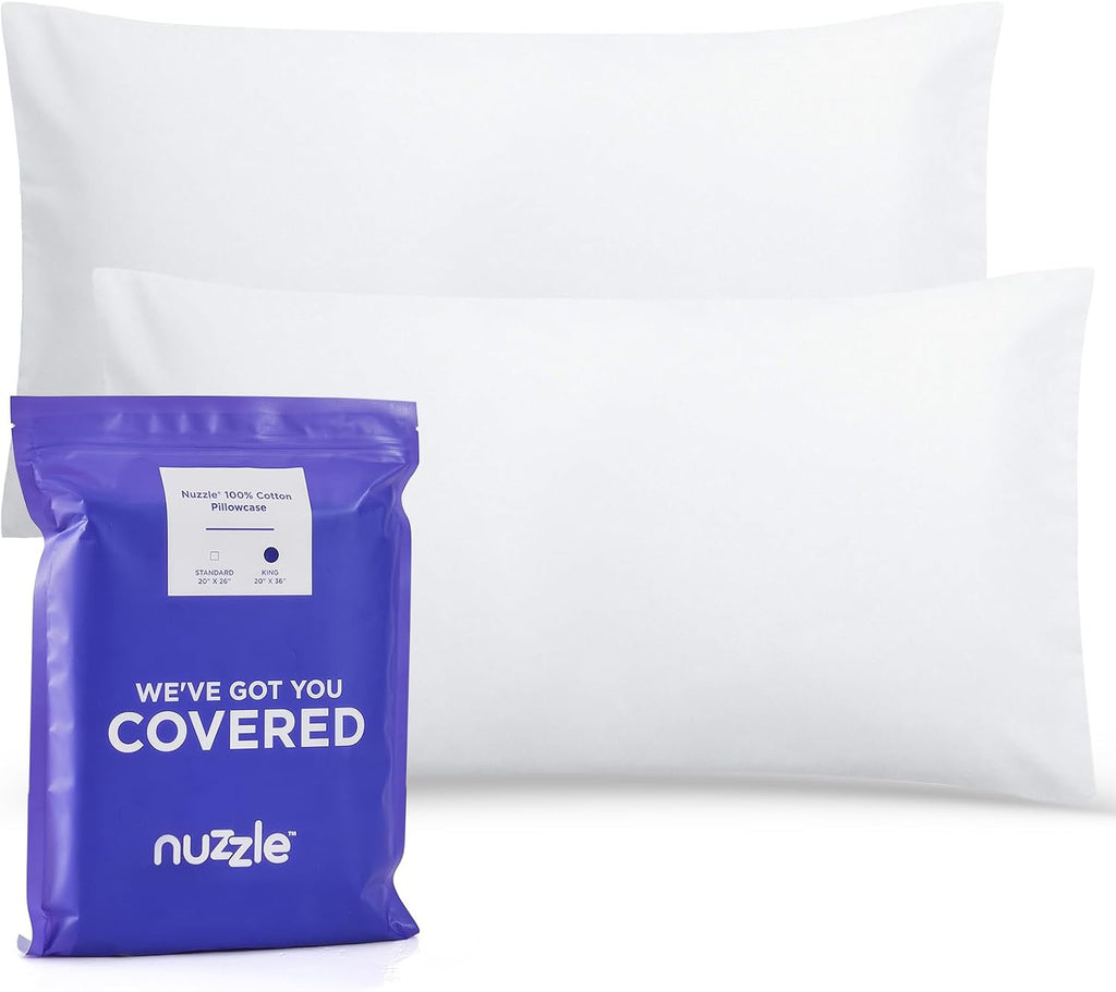 Nuzzlepillow Nuzzle Pillow Cases King Size, 100% Cotton Pillowcases with Envelope Closure, White Pillow Covers 20 x 36 inches, Pillow Prote…