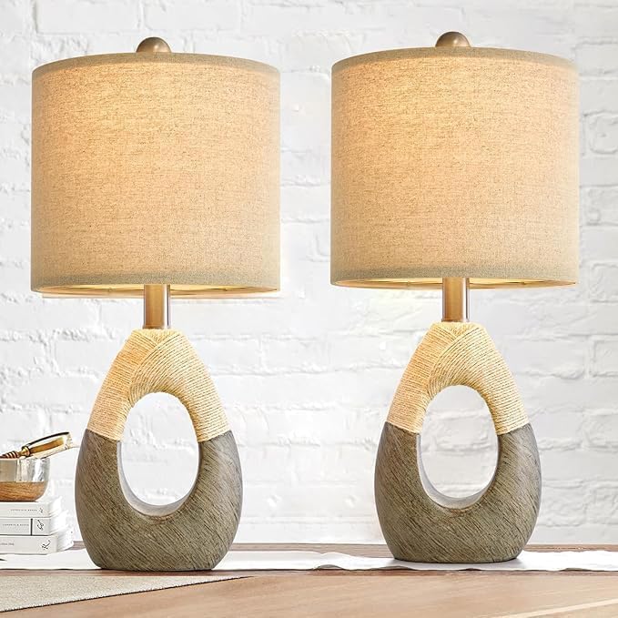 OYEARS 19” Boho Table Lamps Bedroom Living Room Set 2, Suitable for Small Space, Small Farmhouse RattanTable Lamp Rustic Egg Design Resin…