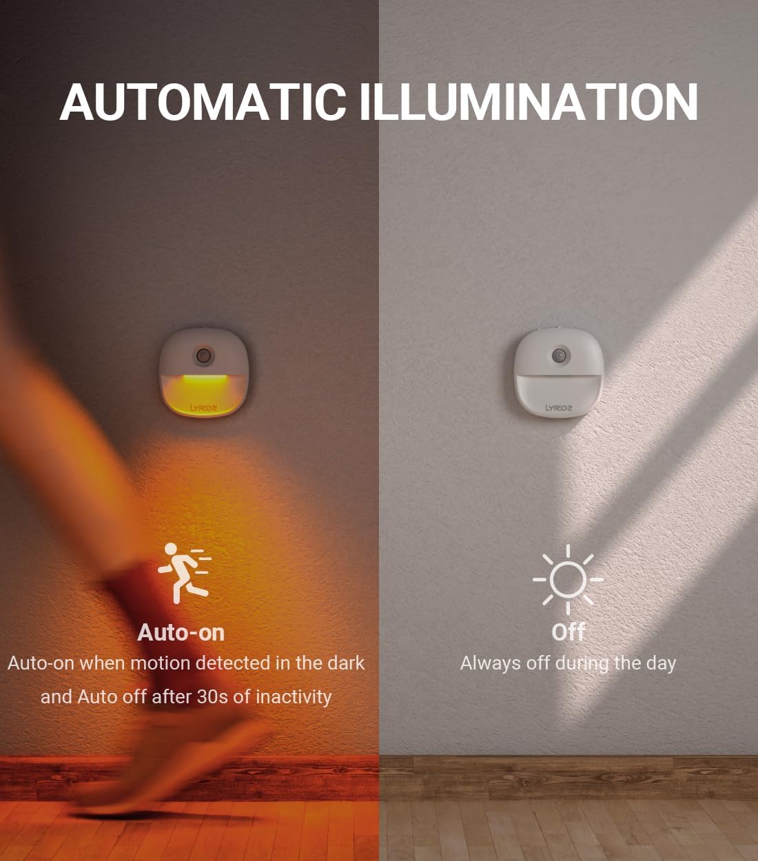 Lyridz Rechargeable Battery Night Light with Motion Sensor, Dimmable Amber Nightlights for Bathroom, Bedroom, Hallway, Stairs, Pet House…