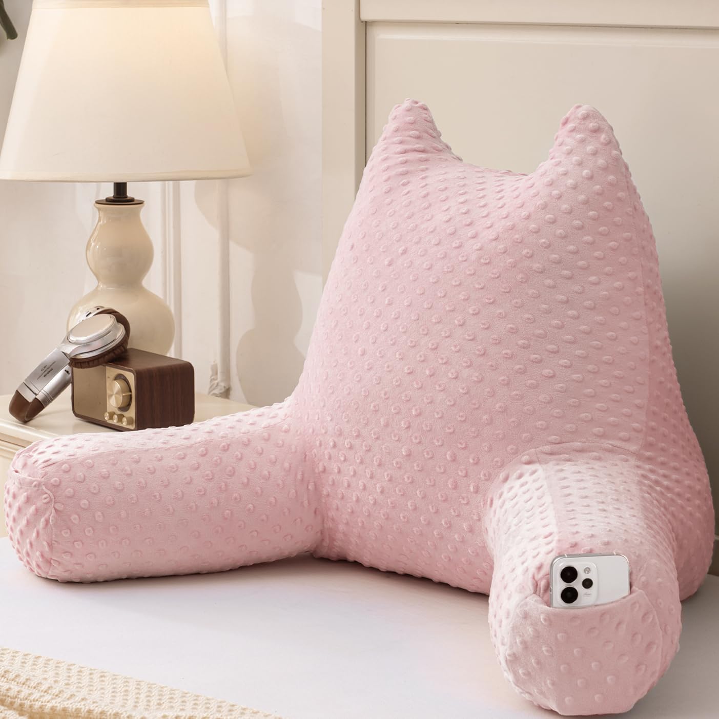Reading Pillow for Kids Sitting in Bed Couch Adult, Back Pillow for Bed Sitting Up, Back-Rest Support Cushion with Pockets and Arms…