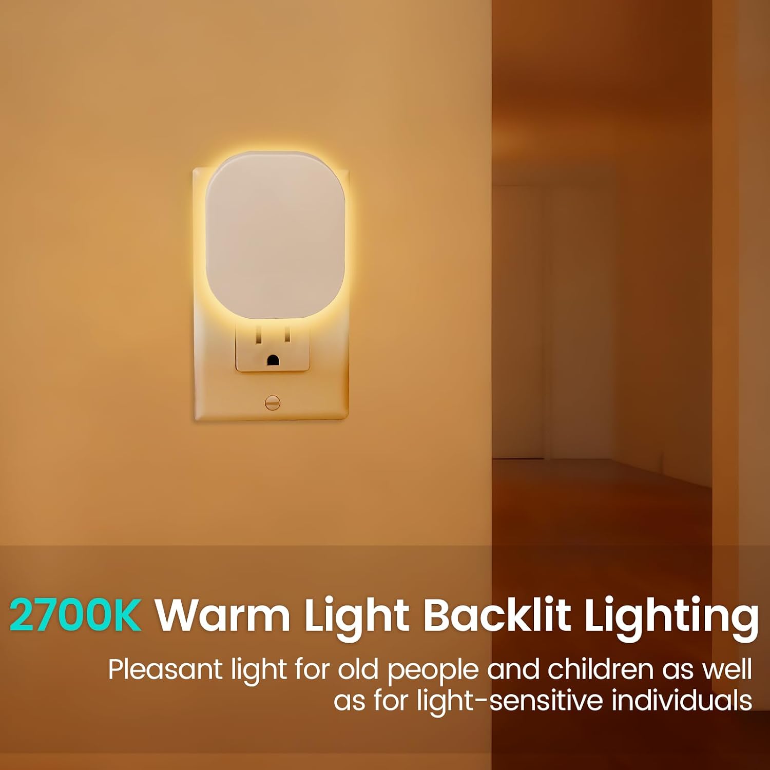 Hiwrolat Plug-in LED Backlit Night Light with Motion Sensor & Dusk to Dawn Sensor, 2700K Soft Warm White Nightlight with Dimmable Br…