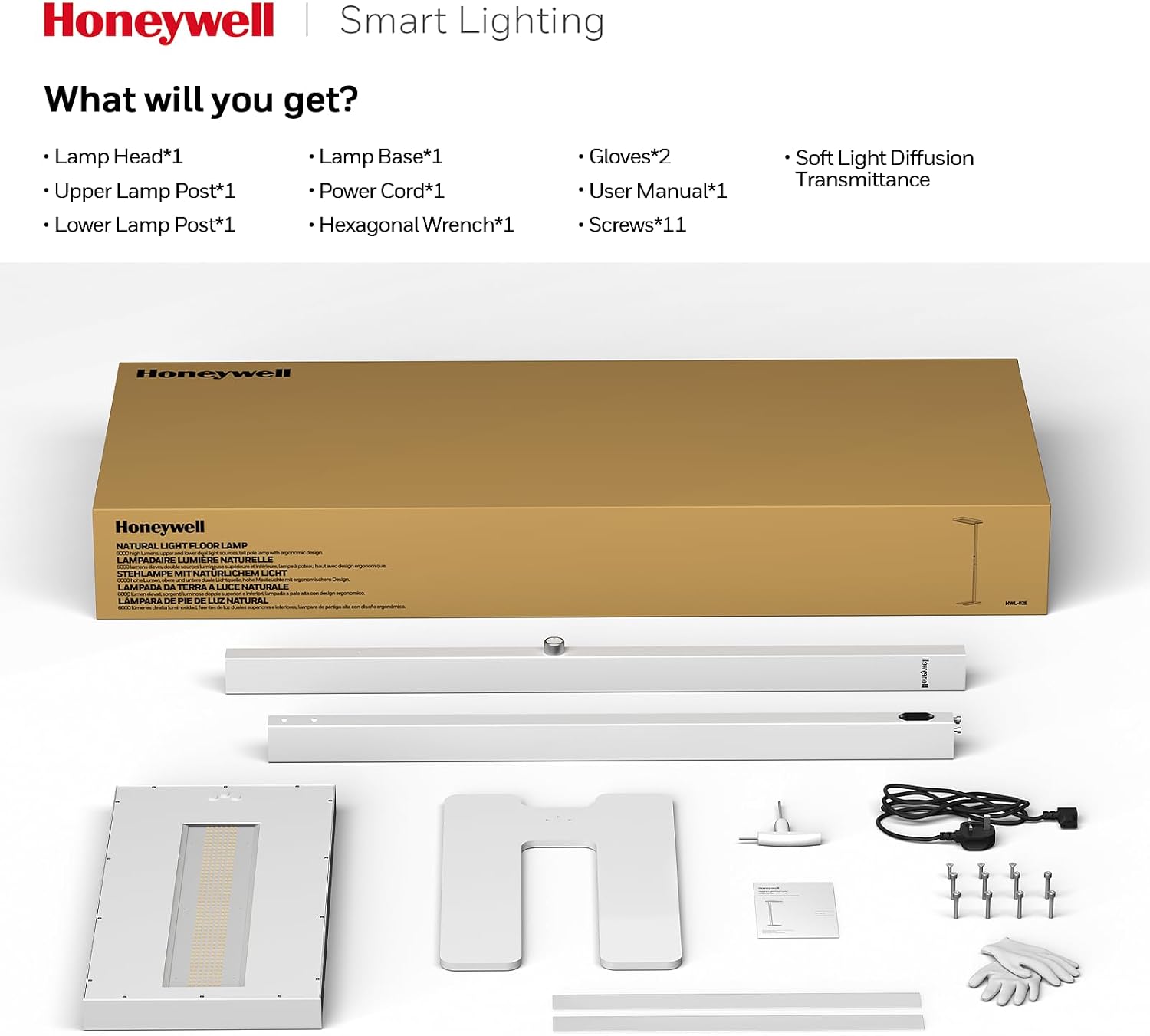 Honeywell 16000LM LED Floor Lamp, 02E Max Sunturalux Eye-Caring Reading Standing Light, 155W Modern Natural Daylight 4000K Dimmable 77"…