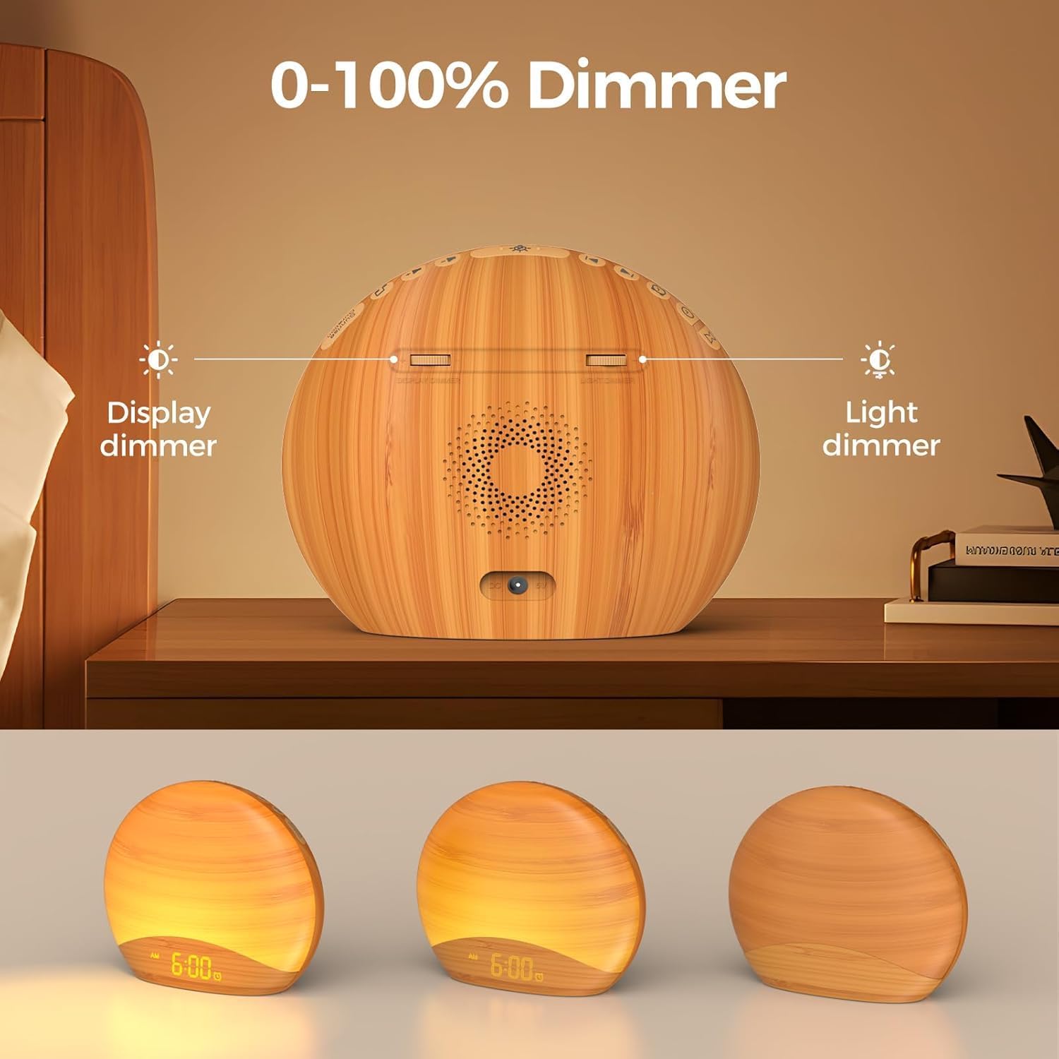 REACHER Natural Wood Grain Sound Machine Sunrise Alarm Clock,26 Nature Inspired Sleeping Sounds, 0-100% Dimmable Clock, Night…