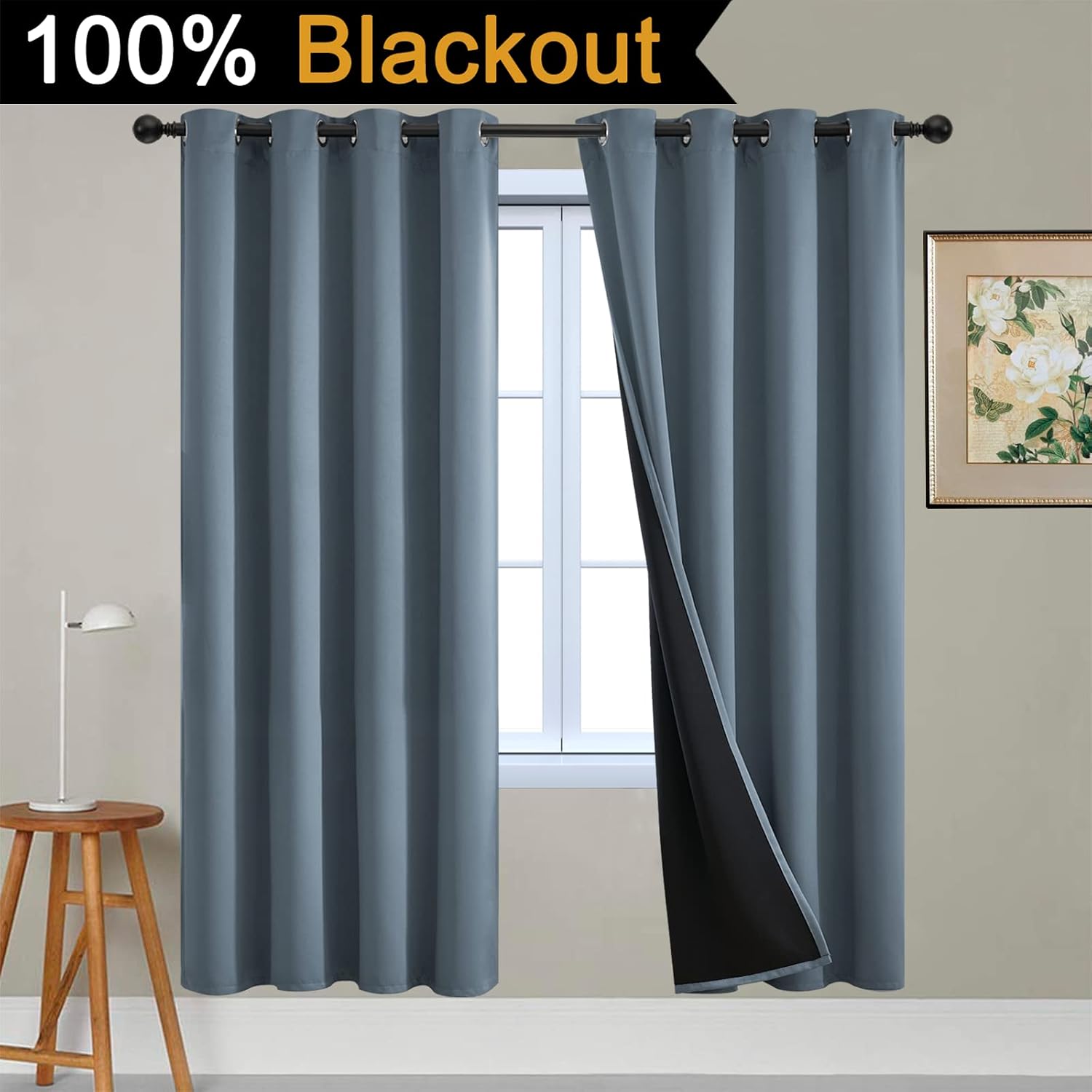 Yakamok Total Blackout Curtains, 2 Thick Layers Completely Blackout Soild Thermal Insulated Drapes with Black Liner for Bedroom(52Wx72L…