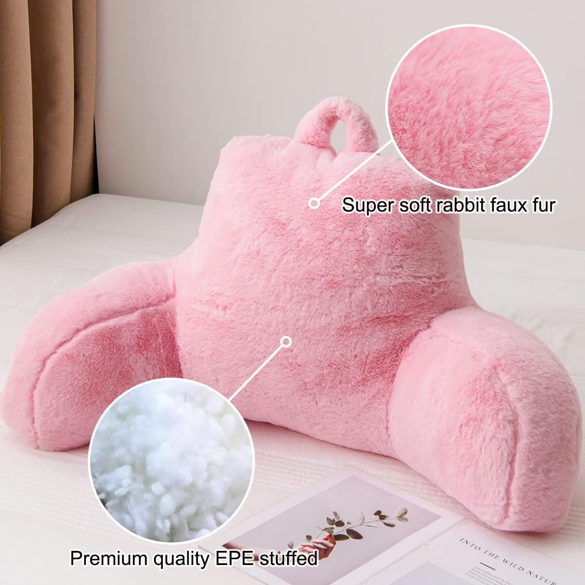 Holawakaka Standard Faux Fur Bed Rest Pillow with Arms, Rabbit Fur Reading Pillows Perfect for Adults, Teens, Kids, Arm, Back, Pregnancy Lu…
