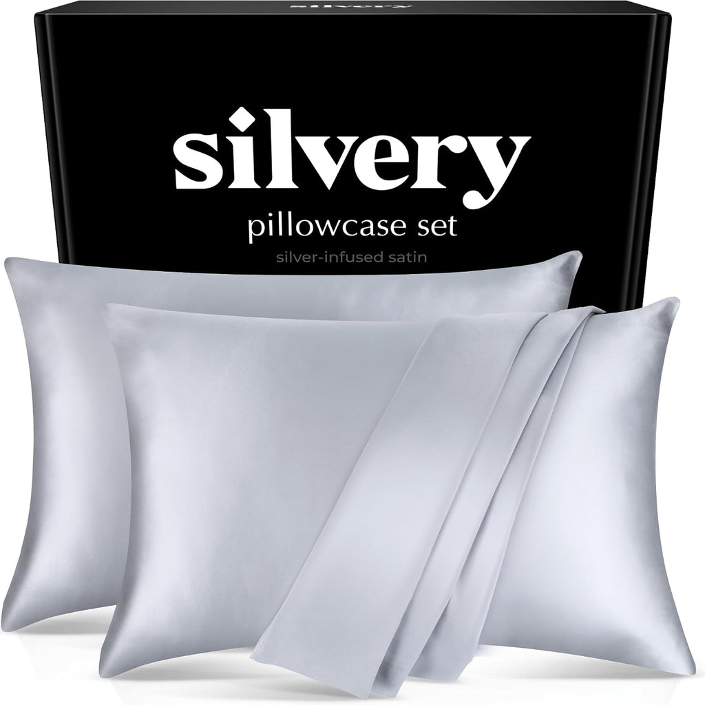 Silvery Silver Infused Satin Pillowcases Set – 2 Pack Silky Soft Cooling Pillow Cases with Self-Cleaning Silvery TechnologyTM for Hygienic S…