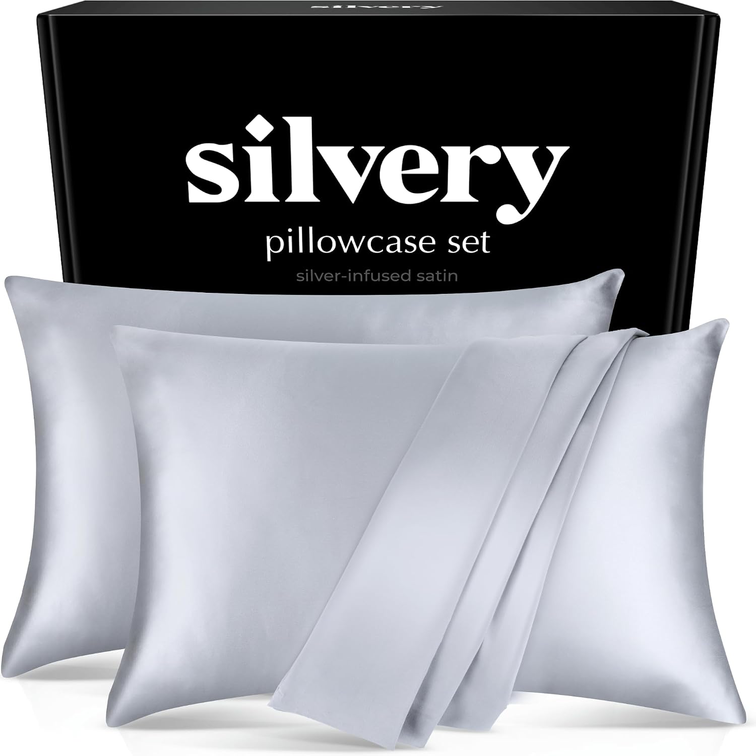 Silvery Silver Infused Satin Pillowcases Set – 2 Pack Silky Soft Cooling Pillow Cases with Self-Cleaning Silvery TechnologyTM for Hygienic S…