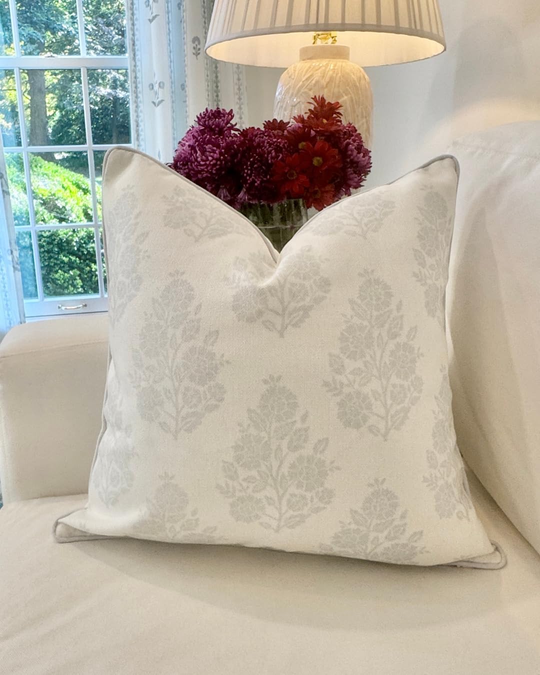 Jillien Harbor “The Patty” Floral Block Print Pillow Cover – Neutral Gray Decorative Throw Pillow Cover with White Background –…