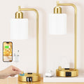 Innqoo Industrial Table Lamps for Bedroom Set of 2 - Fully Dimmable Bedside Lamps with USB Ports and Outlet, Gold Nightstand Lamps with…