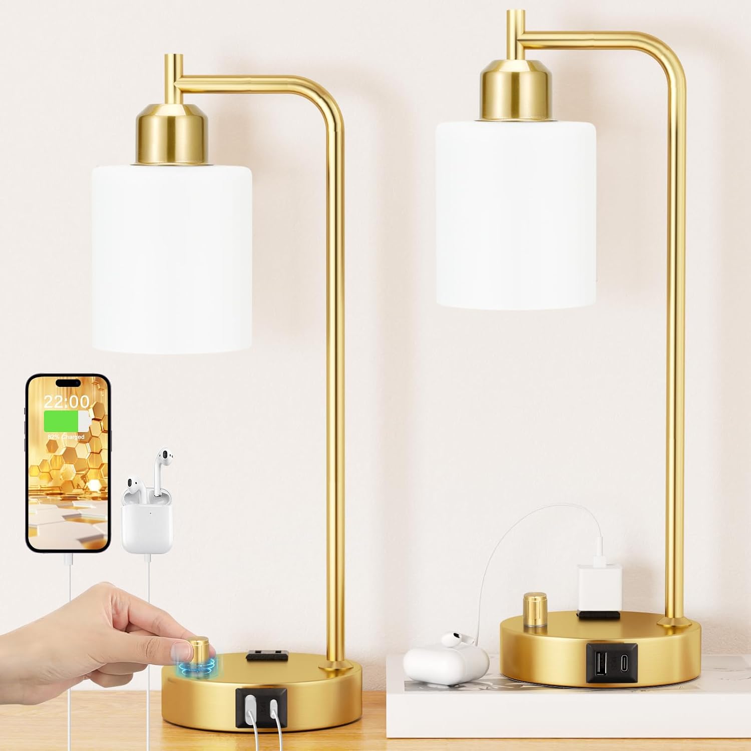 Innqoo Industrial Table Lamps for Bedroom Set of 2 - Fully Dimmable Bedside Lamps with USB Ports and Outlet, Gold Nightstand Lamps with…