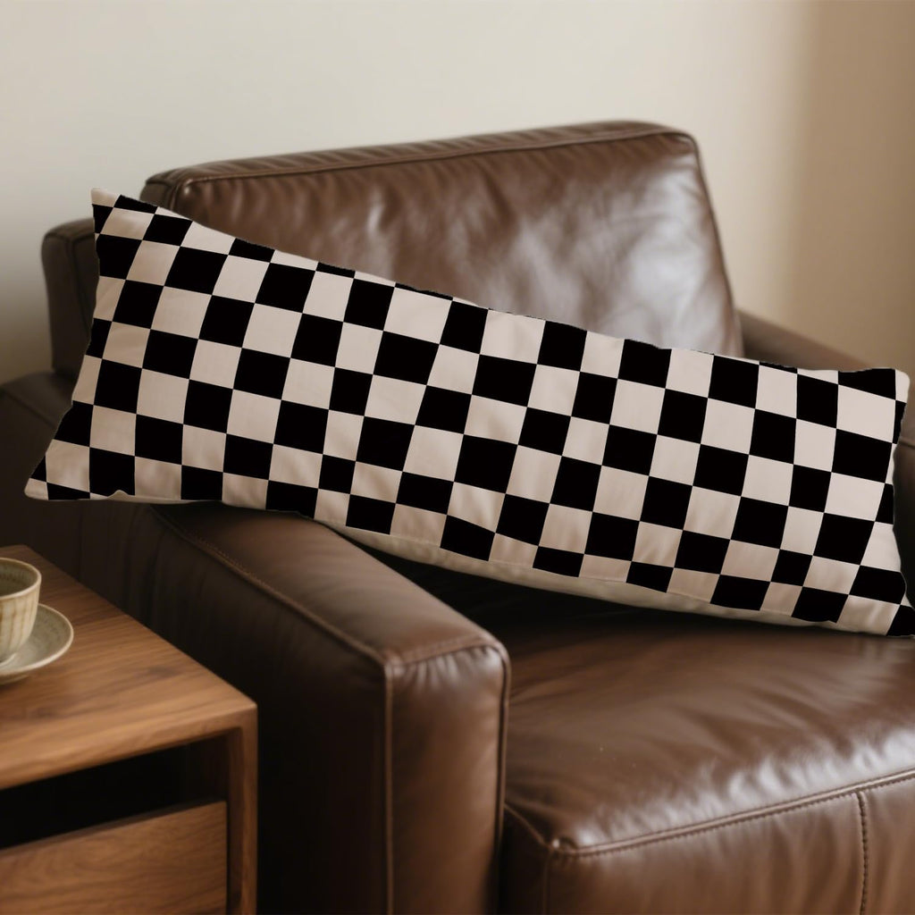 Abstract Boho Black and Beige Checkered 20x54 Body Pillow Cover, Checkered Home Decor, Modern Neutral Plaid Decorative Long Body Pillow…