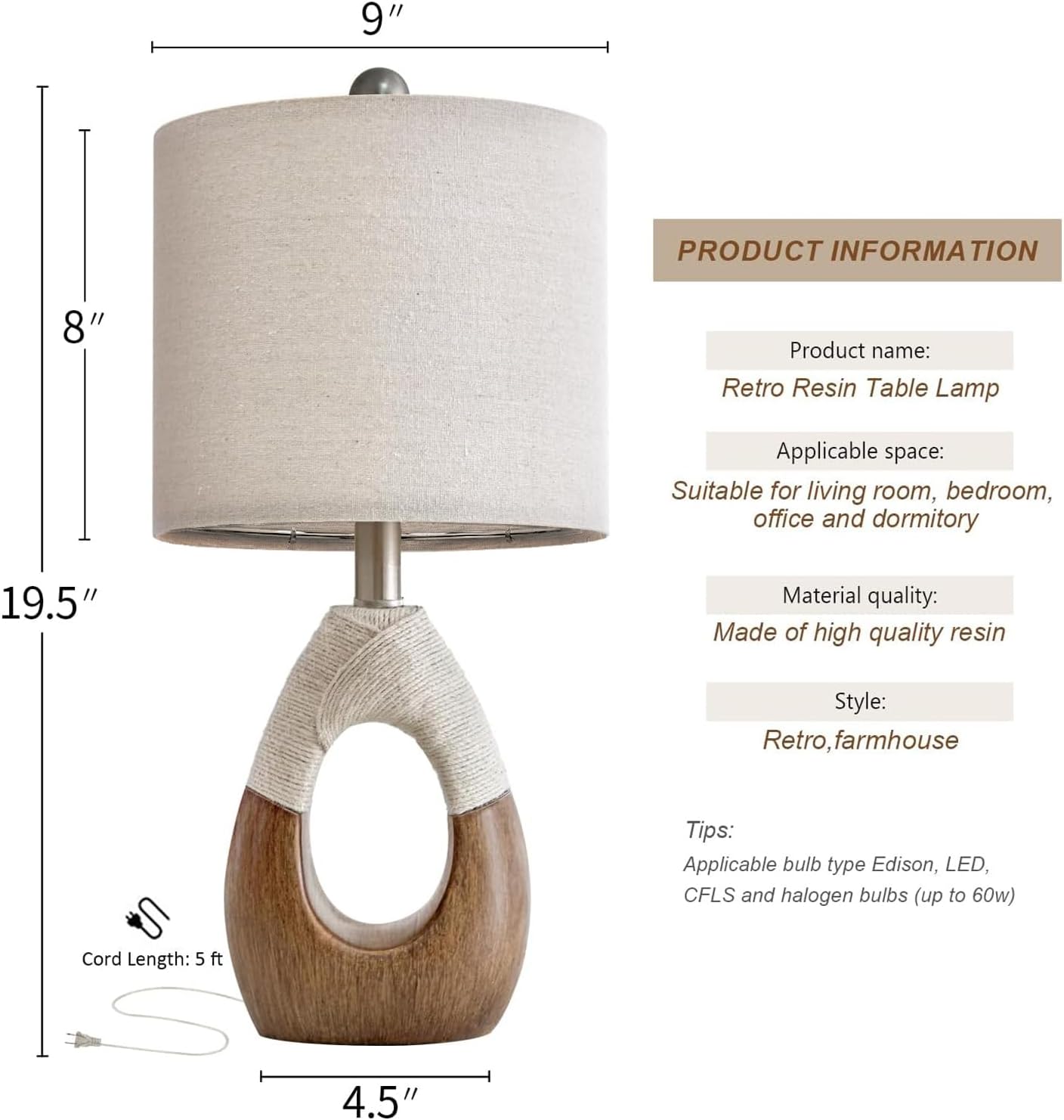OYEARS Boho Table Lamps Bedroom Living Room Set 2, Suitable for Small Space, Farmhouse RattanTable Lamp 19”Rustic Egg Design Resin Light…