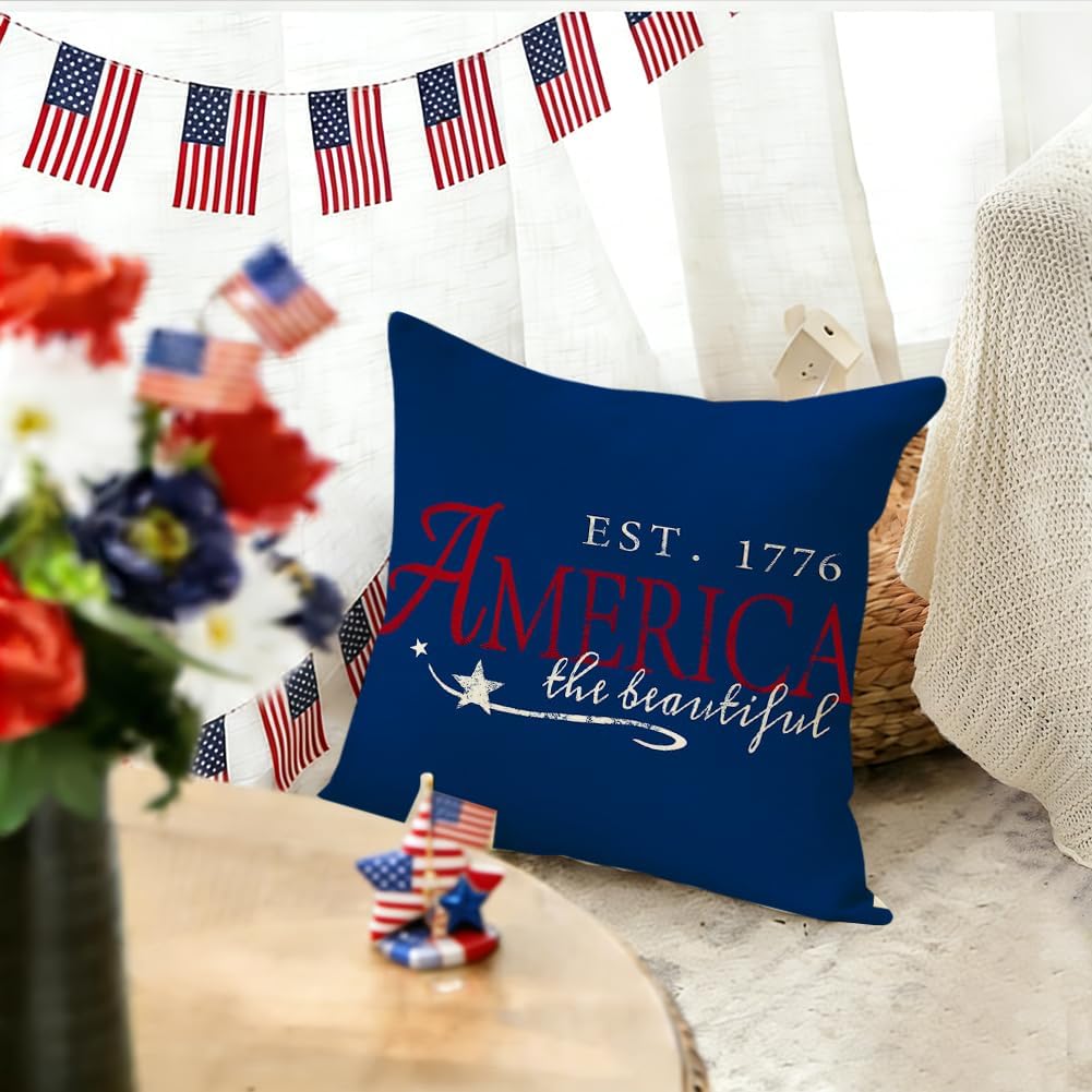 Rabusofa 4th of July Throw Pillow Covers 18x18 Inch, Patriotic Signs Red White and Blue Memorial Day Independence Day Fourth of July Outdoor…