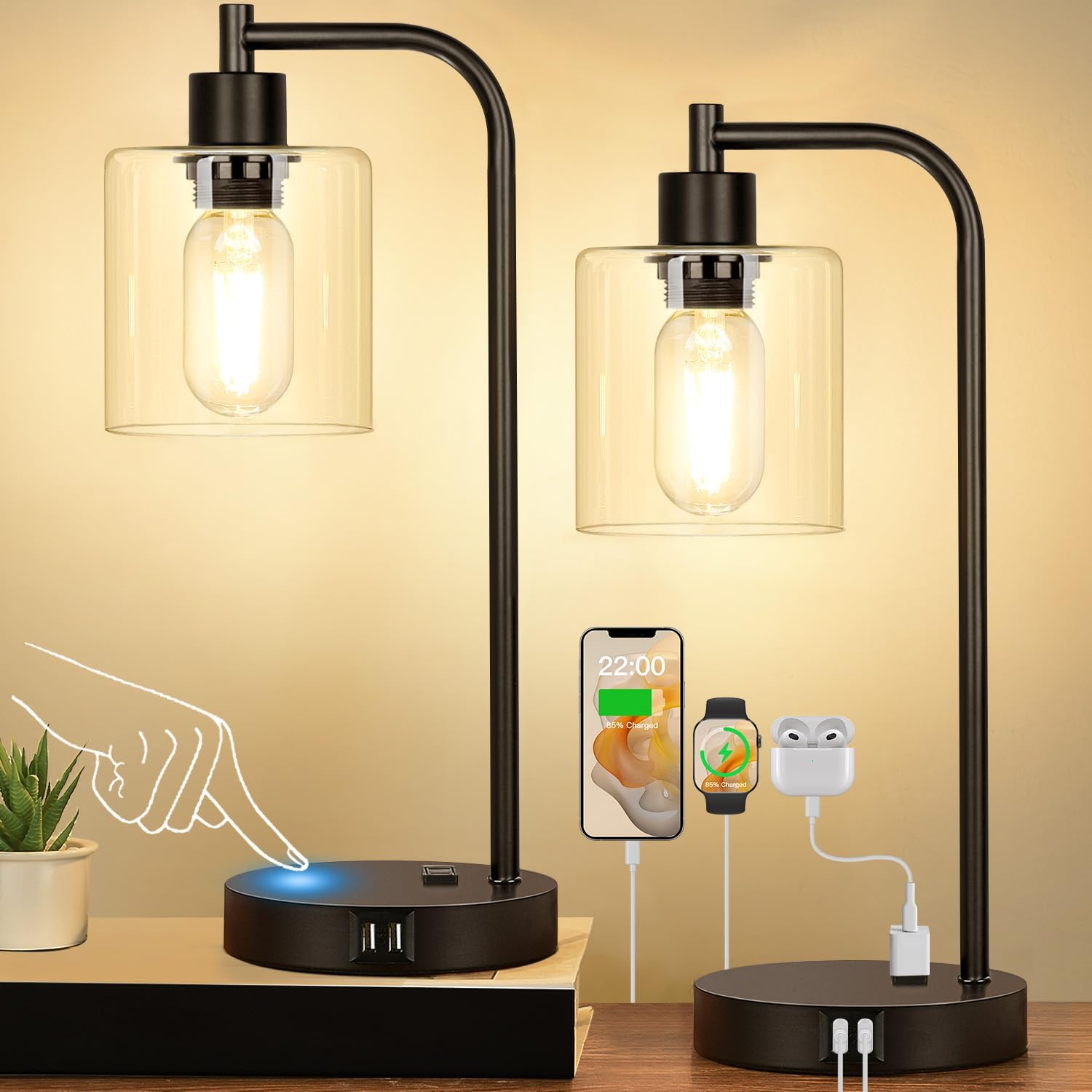 Set of 2 Industrial Touch Control Table Lamps with USB C+A Ports and AC Outlet - 3-Way Dimmable Black Bedside Lamps Nightstand Desk Lamps…