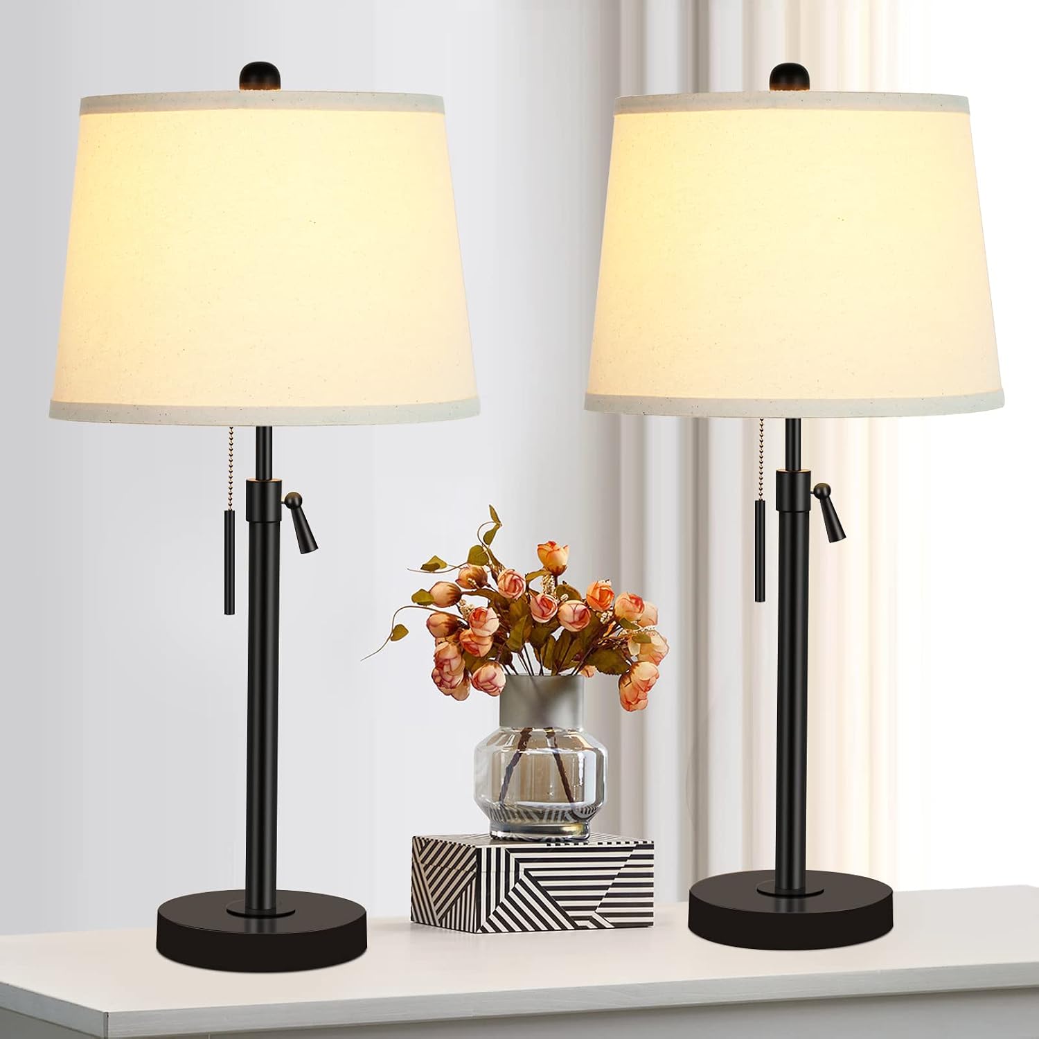 Bedside Table Lamps Set of 2: Tall Black Table Lamps for Living Room End Table | Height Adjustable 3-Way Dimmable Nightstand Lamp with…