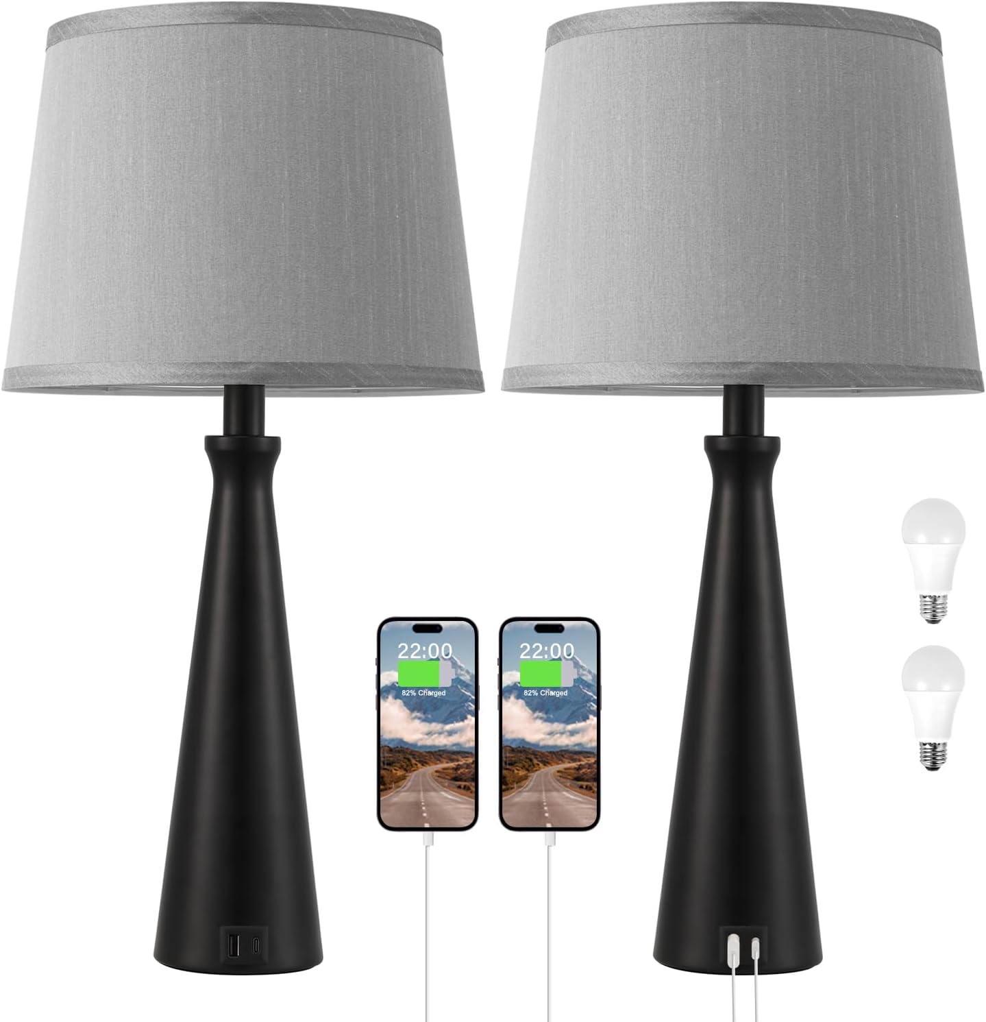 Seealle Modern Table Lamps Set of 2 - Touch Bedside Lamp for Nightstand with Dual USB C+A,3-Way Dimmable Nightstand Lamps for Living Room…