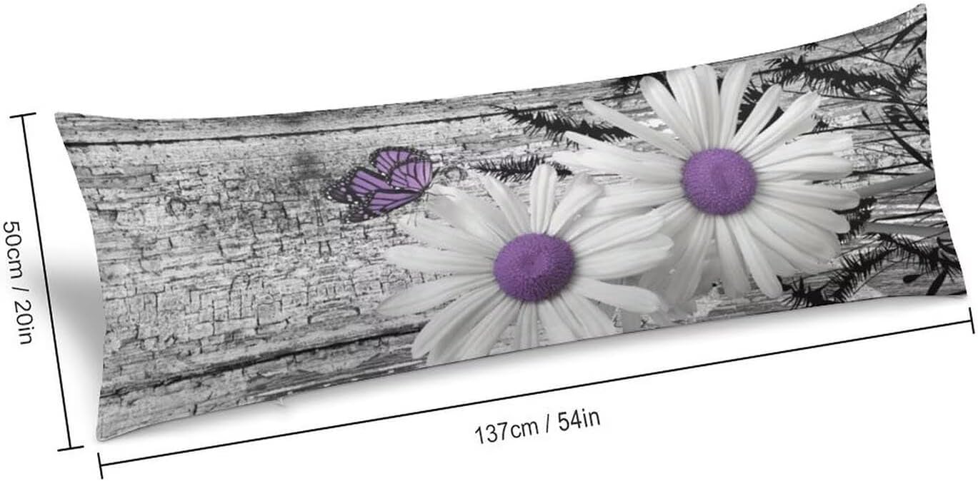 Body Pillow Cover Rustic Floral Body Pillowcase White Purple Daisy Flower Butterfly Decorative Rectangle Long Pillow Cases Gray Barn…