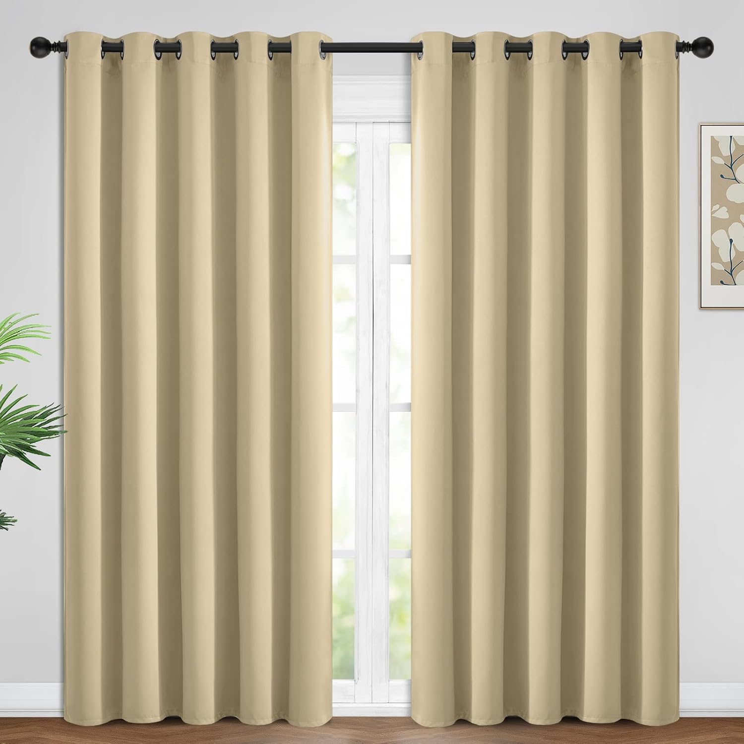 Yakamok Blackout Curtains Room Darkening Thermal Insulated Window Panels, Solid Grommet Top Drapes for Bedroom/Living Room(62Wx84L, Beige…