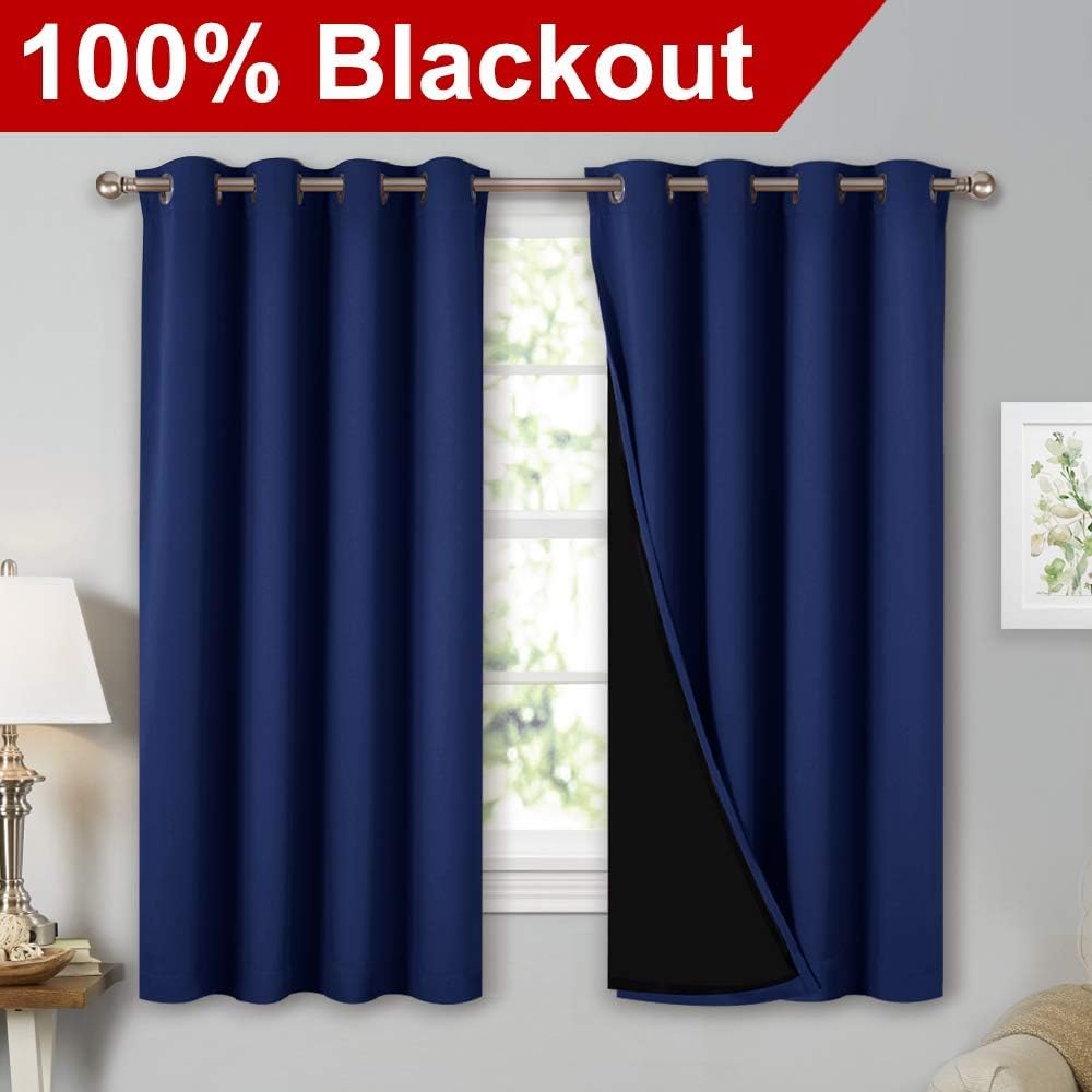 Nicetown 100% Blackout Curtains with Black Liners, Thermal Insulated 2-Layer Lined Drapes, Energy Efficiency Small Window Draperies for Din…