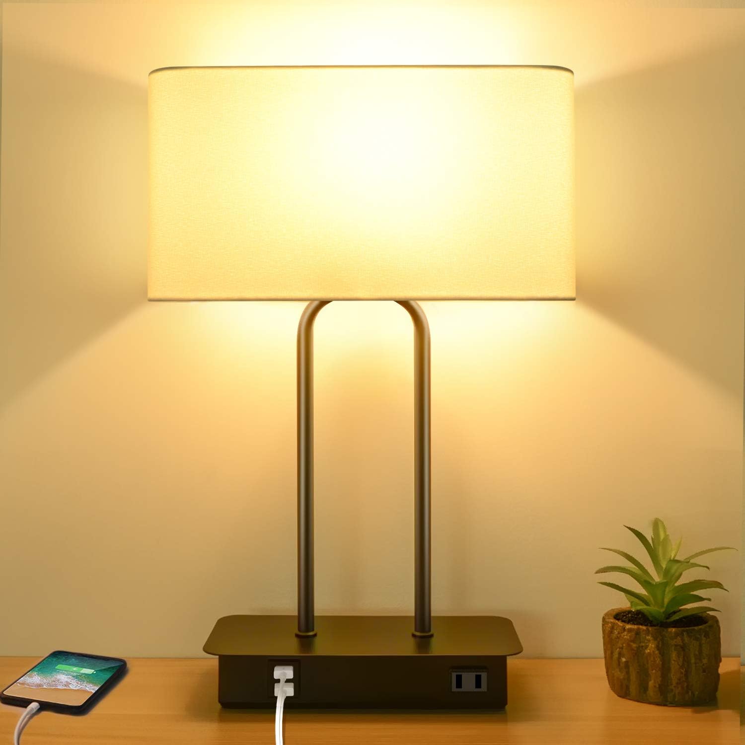 3-Way Dimmable Touch Control Table Lamp with 2 USB Ports and AC Power Outlet Modern Bedside Nightstand Lamp Fabric Shade and Metal Base…