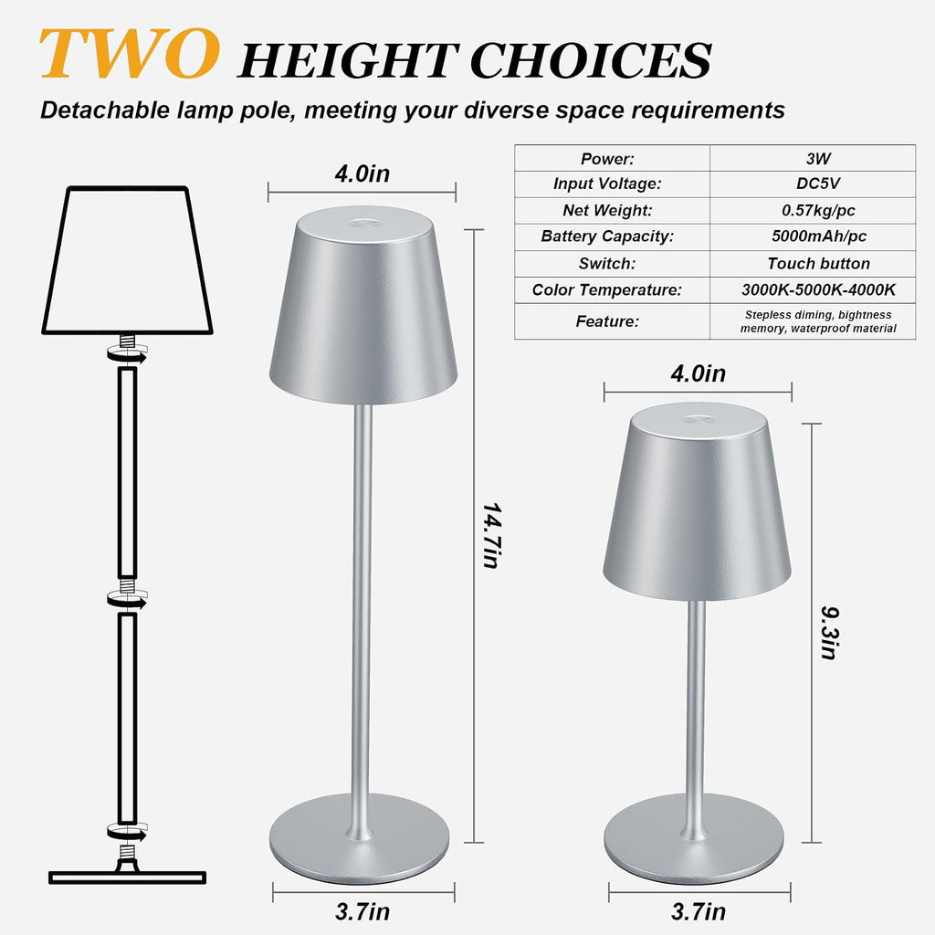 Kakanuo Cordless Table Lamp Rechargeable - Silver Grey 2 Pack 5000mAH Battery Operated Lamp for Counter, 3 Color Stepless Dimming…