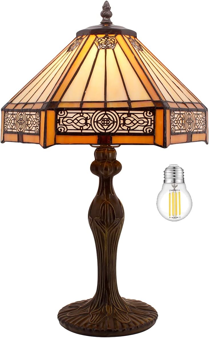 WERFACTORY Tiffany Lamp Yellow Hexagon Stained Glass Mission Style Table Lamp Desk Bedside Reading Light 12X10X18 Inches Decor Bedroom…