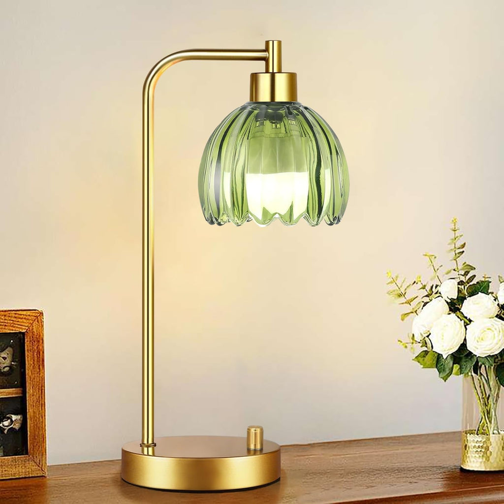 ILLMTW Green Table Lamp Set of 2, Small Glass Bedside Lamps Dimmable Boho Bedroom Lamp with Tulip Flower Lamp Shade, Gold Vintage Mid…