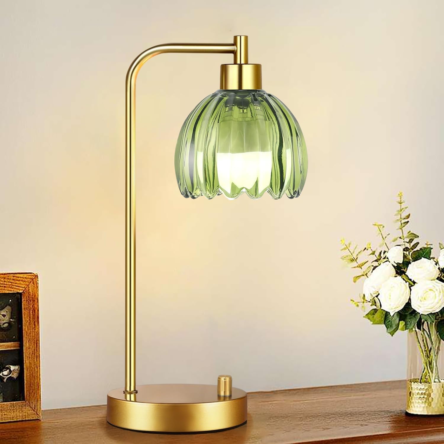 ILLMTW Green Table Lamp Set of 2, Small Glass Bedside Lamps Dimmable Boho Bedroom Lamp with Tulip Flower Lamp Shade, Gold Vintage Mid…