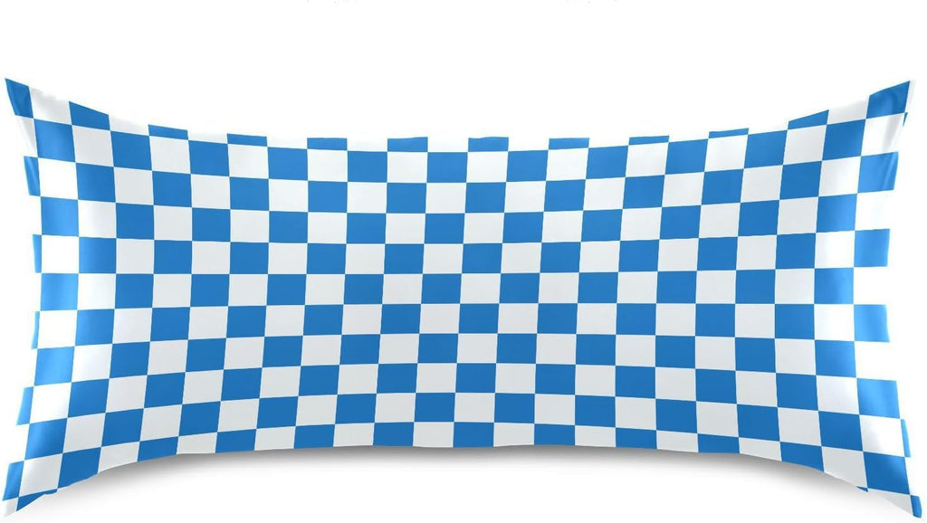 Checkerboard White Blue Plaid Print Pillow Covers Silk Pillowcase for Hair and Skin Breathable Smooth Soft Satin Pillowcase King Size…