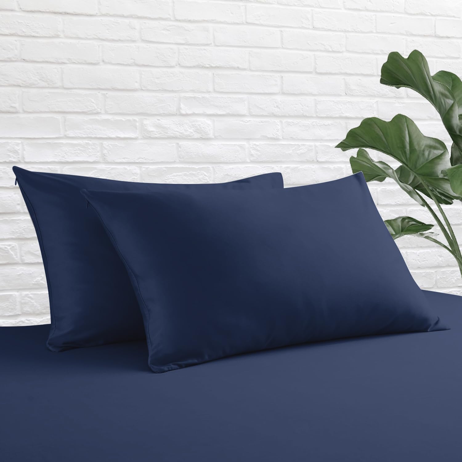 ZaizaiHome Queen Size Pillow Protector Set of 2, 100% Egyptian Cotton Pillow Cases with Zipper 400 Thread Count Sateen Weave Cotton Navy Bl…