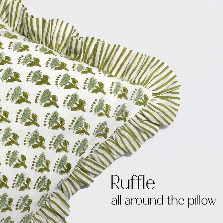 Cottonprintclub CPC Hand Block Print Emerald Green Ruffle Sham Pillow Cover 20" x 12" inch Hidden Zipper Decorative Pillowcase for Couch, B…