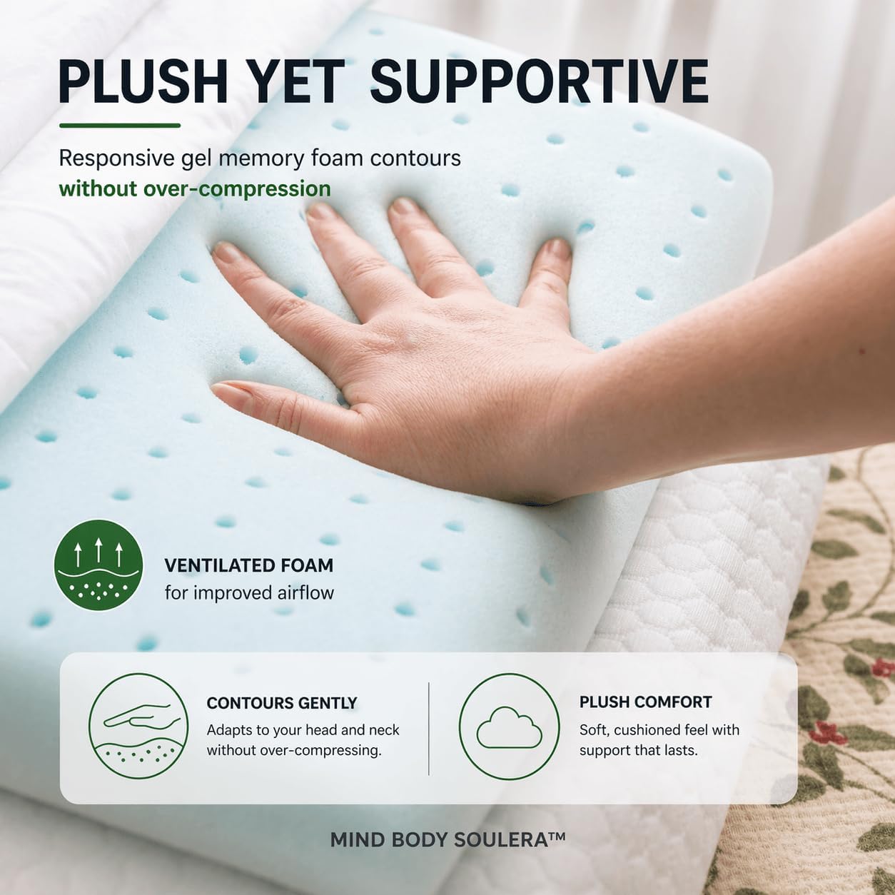 Mind Body Soulera Thin Flat Memory Foam Pillow for Stomach Sleepers, Low Profile Pillow for Back & Side Sleepers, 3-Inch Cooling Gel…