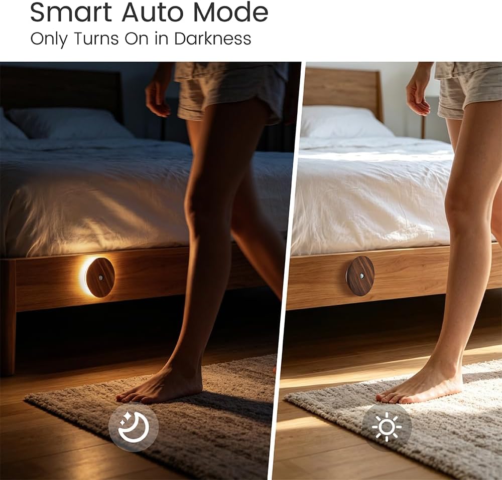 Motion Sensor Night Light Wood Rechargeable Battery-Powered Stick-On Step Lights Magnetic Closet Warm Nightlight for Hallway Bedroom…