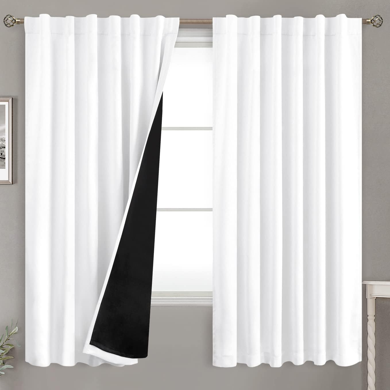 BGment Pure White 100% Blackout Curtains 63 Inches Long with Thermal Insulated Liner, Rod Pocket and Back Tab Double Layer Full Room…