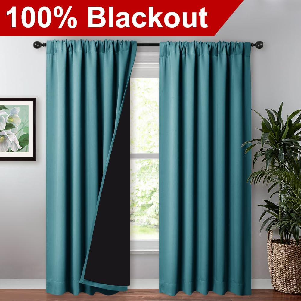 Nicetown 100% Blackout Curtains for Living Room, Privacy Protection & Noise Reducing Drapes, Black Lined Window Treatment Panels for Patio…